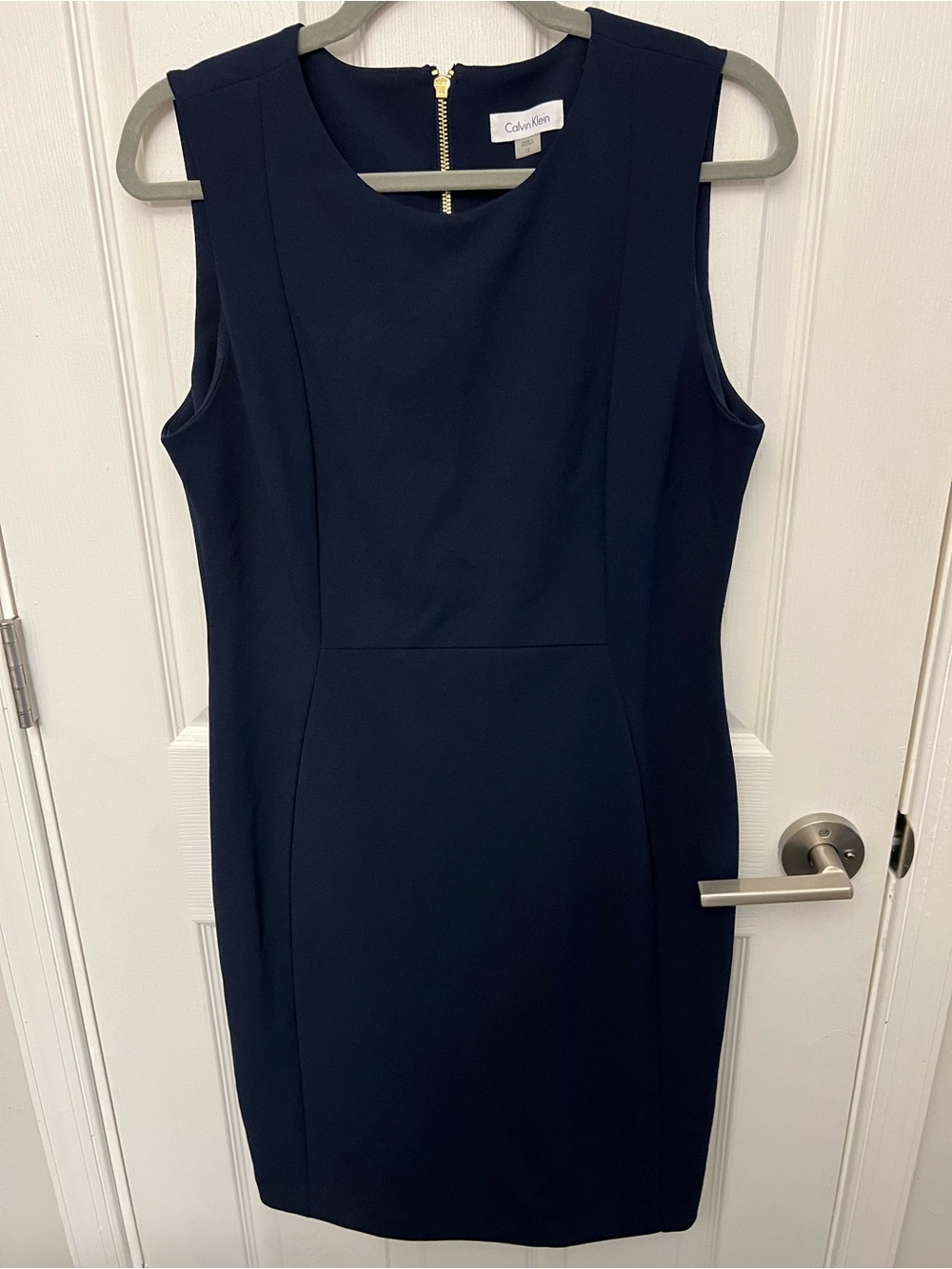 Calvin Klein Navy Sheath Dress V-Neck Sleeveless Zip Front Stretch Size 12